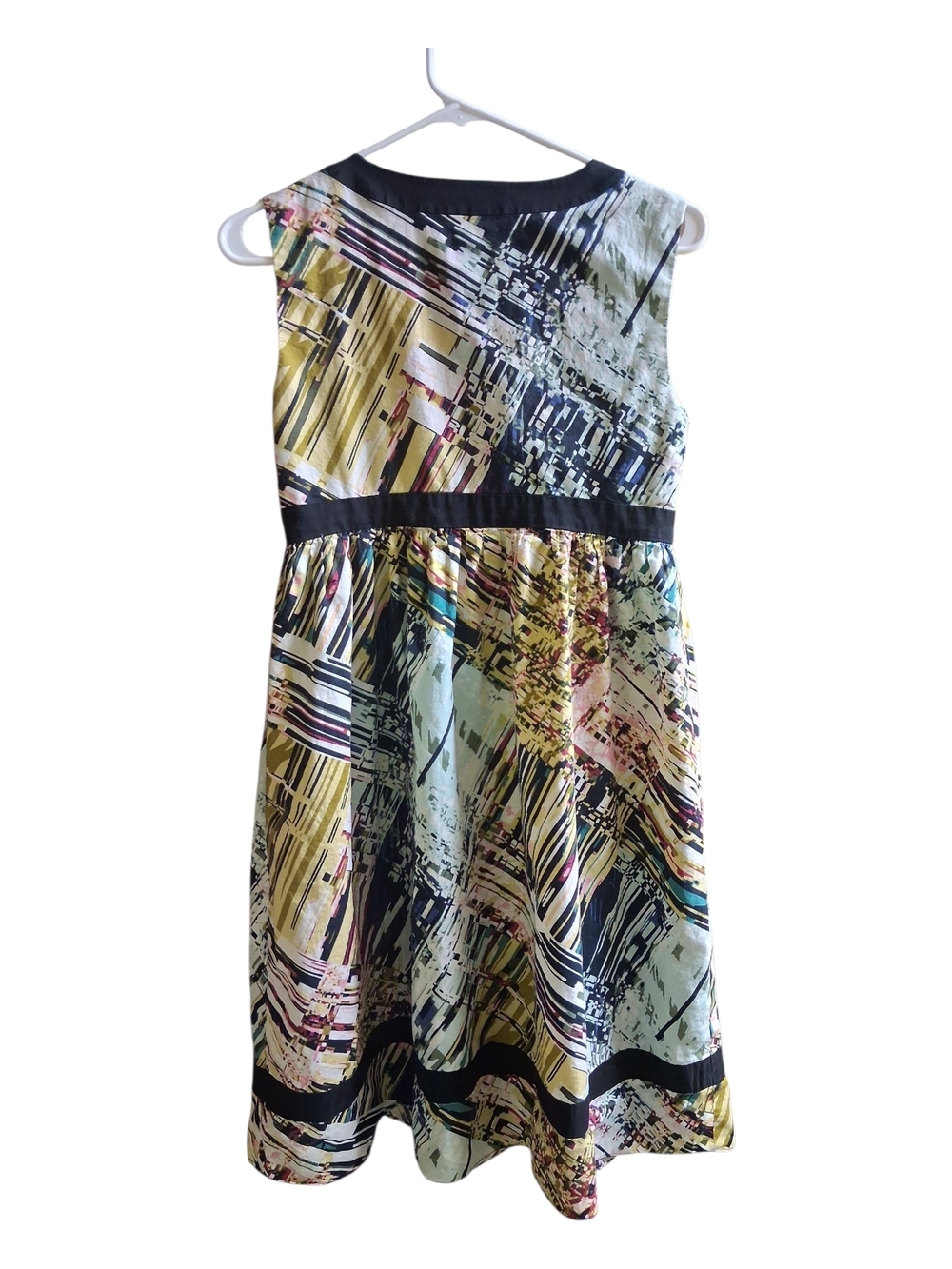 Sleeveless Multicolor Abstract Print A-Line Dress with Navy Trim - Picture 2 of 4
